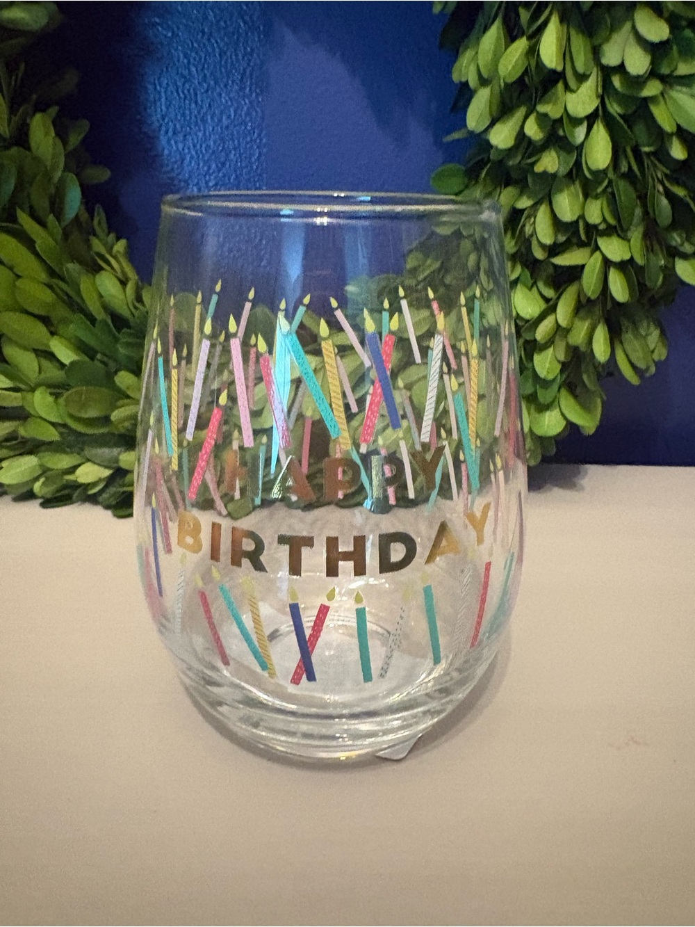 Happy Birthday Stemless Wine Glass with Colorful Candle Design